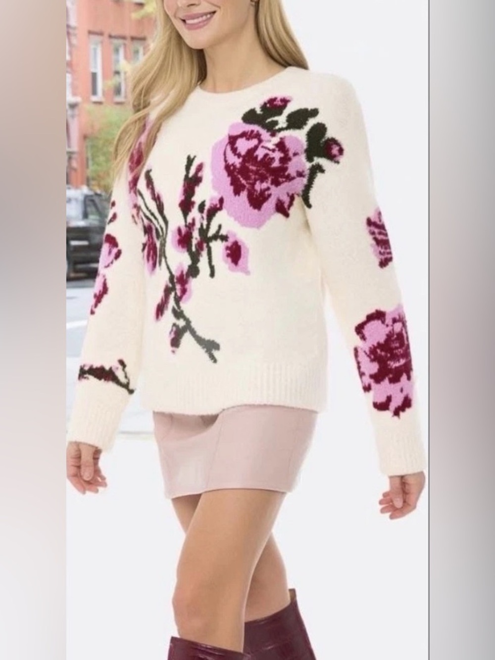 Ted Baker Cream and Pink Floral Wool Alpaca Blend Sweater XL